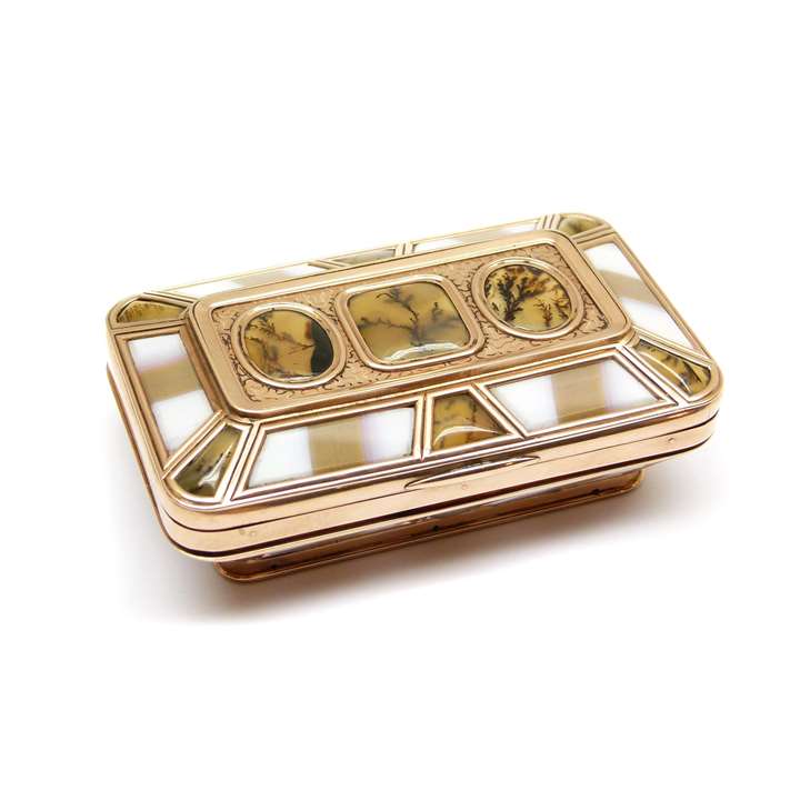 19th century gold mounted banded and moss agate box of casket form